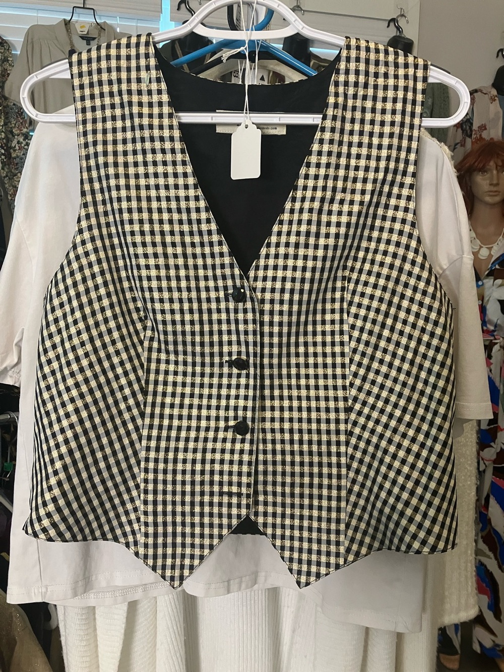 Appleseed's Black, Gold  and Cream Checked V-Neck Button Vest